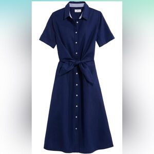 Navy blue linen shirt dress. midi, tie waist, roll-cuff sleeves, collared.